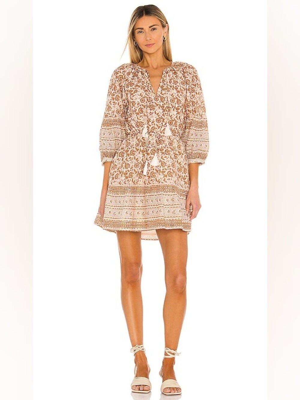 CLEOBELLA Rosy Mini Dress in Tamil Block Print Size XS, Puff Sleeves Boho V-neck